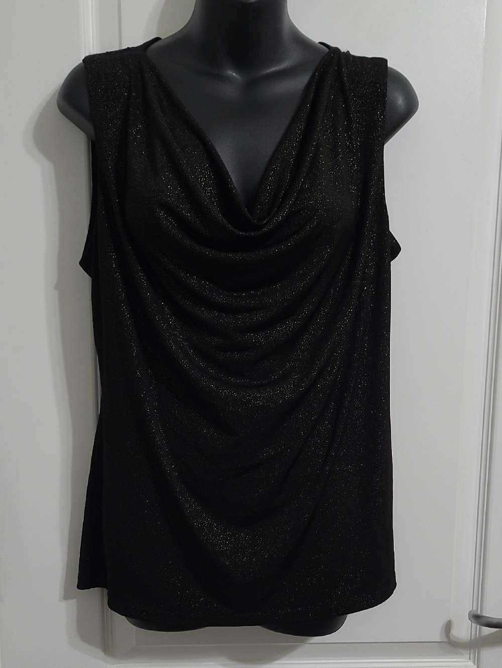⭐ Terra Nostra Black/Gold Sparkle Draped Cowl Neck Lace Back Sleeveless Top MD